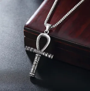 Vintage roestvrijstalen Ankh-hanger ketting met textuur en Horus-oog detail