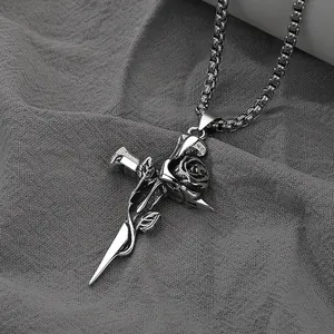 Vintage-Halskette mit Rosen-Kreuz-Anhänger und Boxkette in antikem Silber-Look