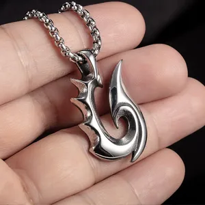 Polynesian style stainless steel hook pendant with silver box chain for men
