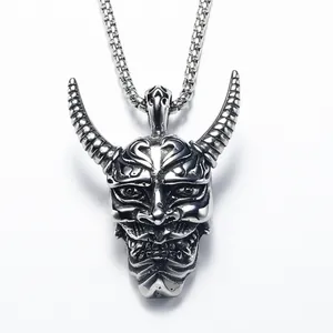 Retro Punk Prajna Maske Anhänger Halskette mit Vintage Silber Totenkopf und Stahlkette