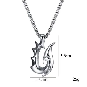Men's stainless steel hook pendant necklace with flame details, 3.6cm x 2cm size