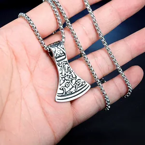 Collana con ciondolo ascia vichinga vintage in acciaio inossidabile con incisioni