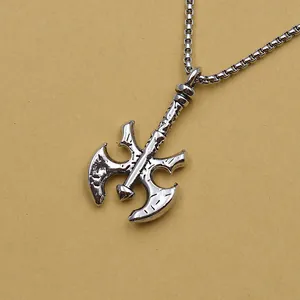 Collana con ciondolo a doppia ascia vichinga vintage per uomo in stile punk argento