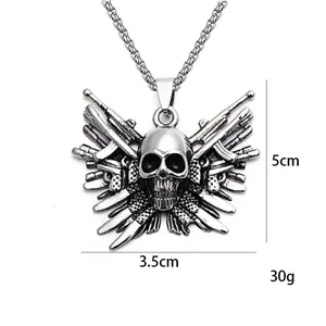 Punk style stainless steel skull pendant necklace with crossed machine guns and rifles