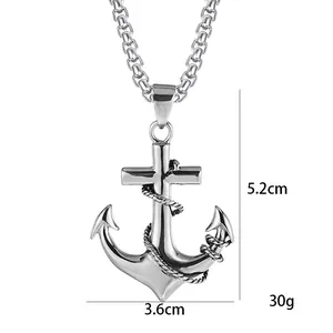 Collier homme avec pendentif ancre en acier argenté style punk rétro et corde marine