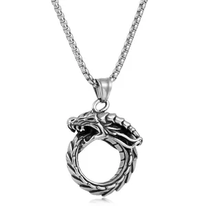 Collana con pendente a forma di drago punk gotico e catena box argento vintage