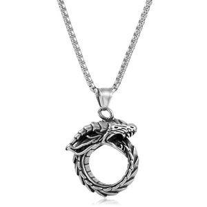 Collana con ciondolo a forma di drago in acciaio inossidabile stile punk con finitura ossidata