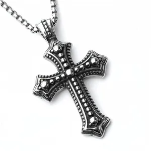 Collier Vintage Hip Hop en Acier Inoxydable pour Hommes avec Pendentif Croix Animale en Alliage Bijoux Chaîne en Argent Rétro Punk Gothique