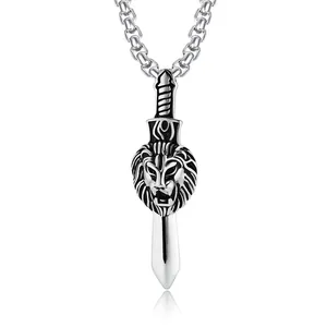Collier Pendentif Dague Tête de Lion en Acier Inoxydable Vintage pour Hommes Bijoux Punk Gothiques Couleur Argent