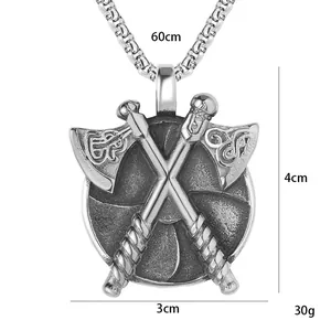 Collier avec pendentif bouclier et double hache viking en acier inoxydable argenté