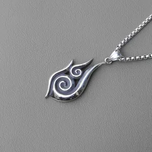 Vintage stainless steel necklace with silver flame spiral pendant on textured leather
