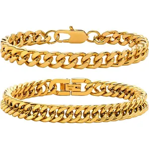 Polished gold stainless steel Cuban link bracelets in single and double row styles
