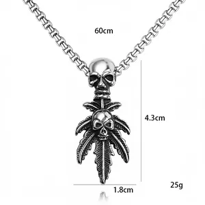 Hip hop stainless steel skull and maple leaf pendant necklace with silver box chain