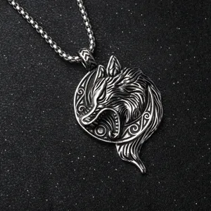 Vintage stainless steel Viking wolf head pendant necklace with intricate engraving