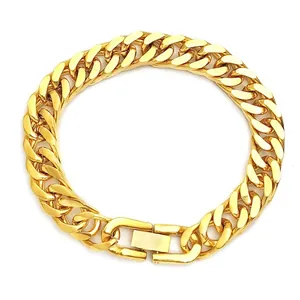 Detailed macro shot of a wide gold Cuban link bracelet featuring a polished metallic finish