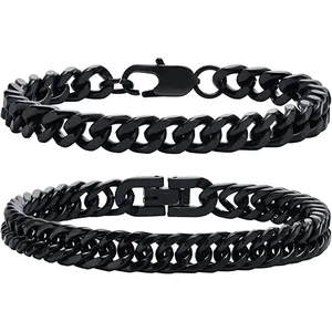 Men's bold black stainless steel Cuban link bracelet set with lobster and folding clasp