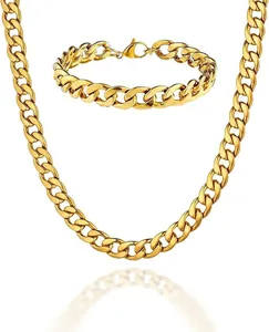 Detailed close-up of golden Cuban link necklace and bracelet set with lobster clasp