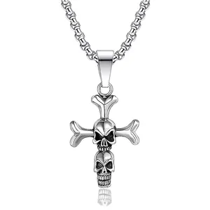 Collana Gotica Punk con Pendente a Croce e Teschio in Acciaio Inossidabile Catena Veneziana Gioielli Vintage Halloween per Uomo Donna Argento Antico