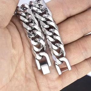 Polished chunky silver stainless steel Cuban link necklace with heavy metal chain links