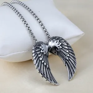 Punk style stainless steel angel wings pendant necklace with vintage silver box chain