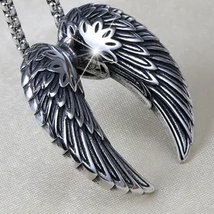 Punk style stainless steel angel wing pendant necklace with polished box chain