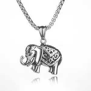 Detailed view of silver stainless steel elephant pendant with woven texture on pearl chain