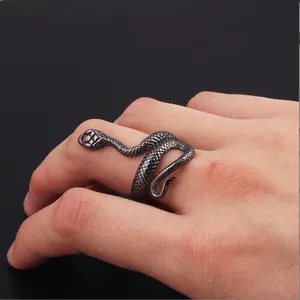 Punk vintage snake ring with scale texture and adjustable open band on finger