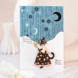 Cinta washi Poeta Estrellado con gato fantástico, sombrero de bruja y luna láser decorativa