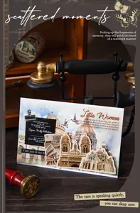 Nahaufnahme von Vintage-Collage-Karten mit europäischer Architektur und Zitaten