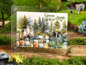Detail of transparent acrylic frame with forest girl illustration and metal screw supports