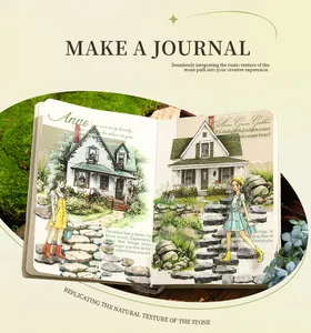 Detailed view of vintage PET decorative tape featuring pastoral stone path illustrations