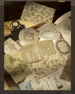 Macro shot of 200pcs vintage scrapbooking paper set with floral and gramophone patterns