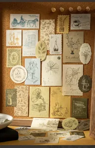 Macro detail of vintage collage material set pinned to a corkboard for scrapbooking
