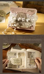 Detail of vintage scrapbooking cards featuring lace, pearls, and romantic collage patterns