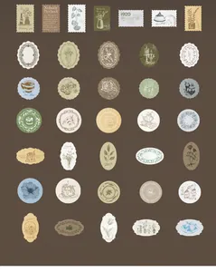 Detailed flat lay of 35 vintage stationery stickers featuring retro botanical and coffee motifs