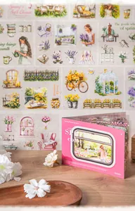 Details der Frühlingsgarten-Aufkleber mit floralen Motiven und pinkfarbenem Fensterbuch