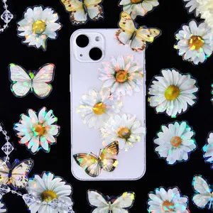 Holographic butterfly and daisy pattern phone case with laser effect on black background