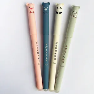 Detailed view of four cartoon animal erasable pens in pastel colors with cute cap toppers