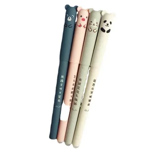 Set of 4 cute cartoon erasable gel pens with panda and pig animal toppers on white background