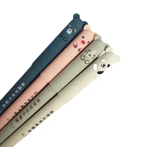 Set of four cute animal erasable gel pens featuring pig and panda designs with quotes