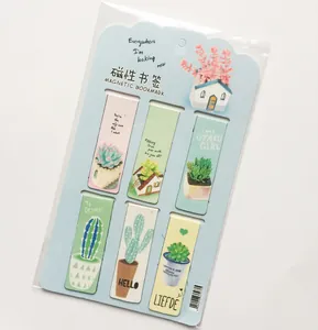 Set of six magnetic cactus bookmarks with creative plant illustrations in a clear pouch