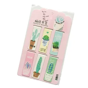 Set of 6 magnetic cactus bookmarks featuring vibrant green succulents on a pink card