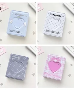 Detail of four heart-window photocard binders in pastel patterns and glossy PVC finish