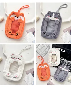 Detail of plush fox and husky ID card holders with transparent PVC window and soft fur