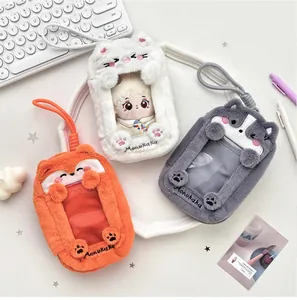Detailed plush fox and cat photo card holders with transparent PVC windows and lanyards