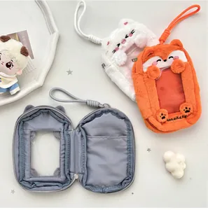 Detailed plush animal card holder bag featuring soft fox ears and clear photo window