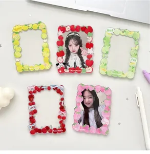 Detail showing five fruit themed acrylic photo card holders for 3-inch polaroids