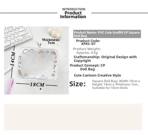 Macro shot of 18x14x7cm clear PVC pouch with colorful cartoon prints and zipper for 10cm dolls