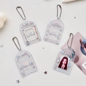 Porte-cartes Transparent en PVC Mignon Porte-clés Étui de Protection Mini Support Photo Avec Chaîne Métallique Pour Femmes Étudiant