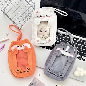 Kawaii Animal Plush Card Holder Pouch With Lanyard Transparent PVC Window For Photo Doll Storage Coin Purse For Women Students